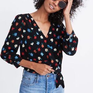 Madewell Black Wrap Top in Pressed Flowers | Size S